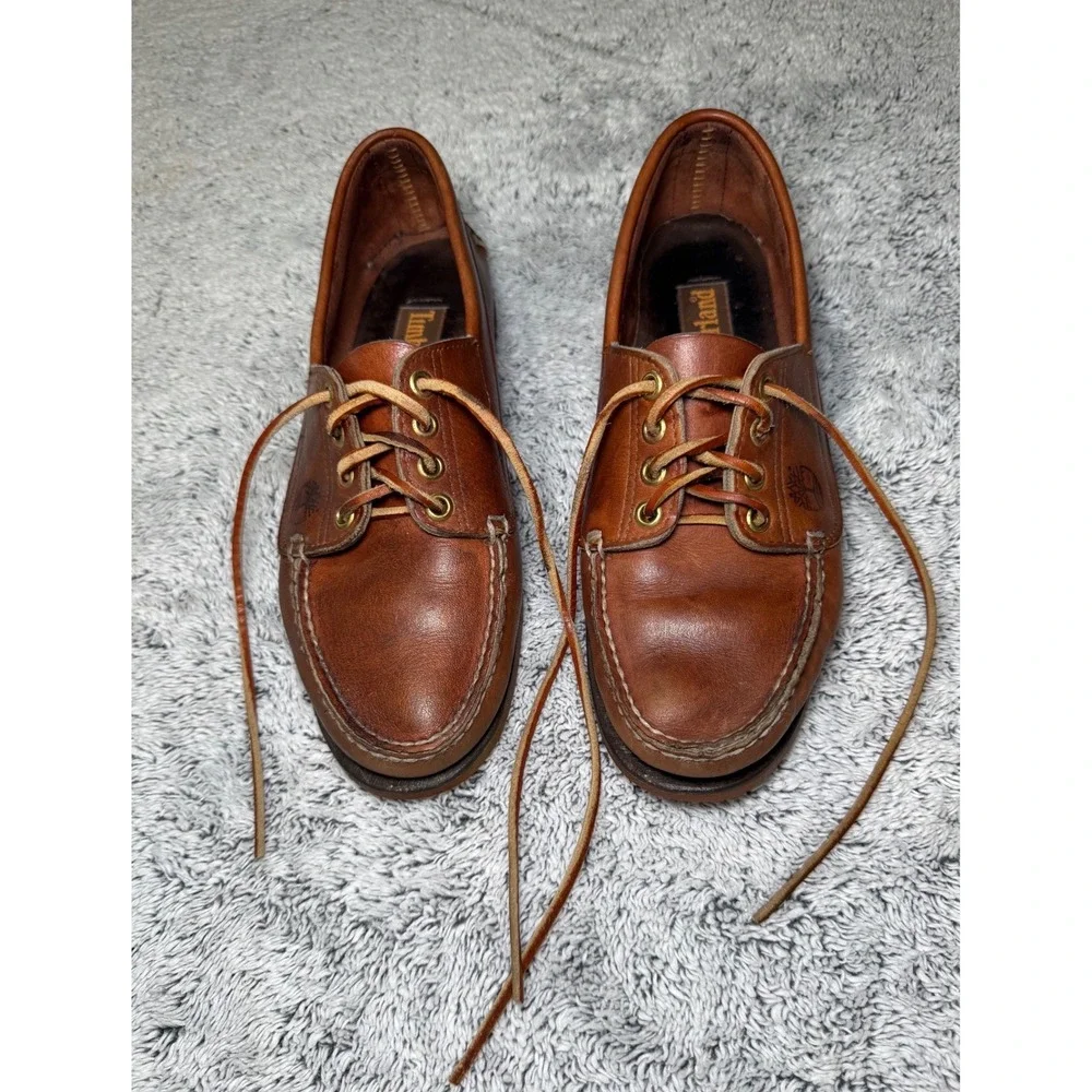 Vintage Timberland USA Made 10M Leather Camp Moc Shoe Vibram Sole Brown Handsewn